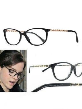 CHANEL 3221-Q Beige Leather Glasses Frames Chain Link EUC Italy Emma Watson